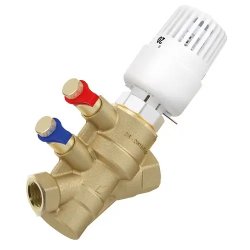 Nexus-Ventil von Flamco mit zwei Anschlüssen, rotem und blauem Griff, für die Regelung von Heizungswasser. Weißes Thermostatoberteil mit Temperaturmarkierungen.