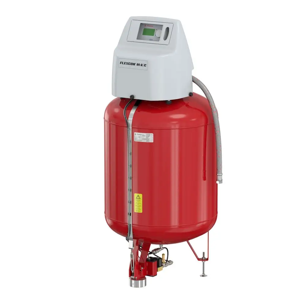 Roter Druckbehälter mit einem digitalen Kontrollpanel, ausgestattet mit Rohrleitungen und einem Anschluss für eine Kompressoreinheit, gefertigt von Flamco.
