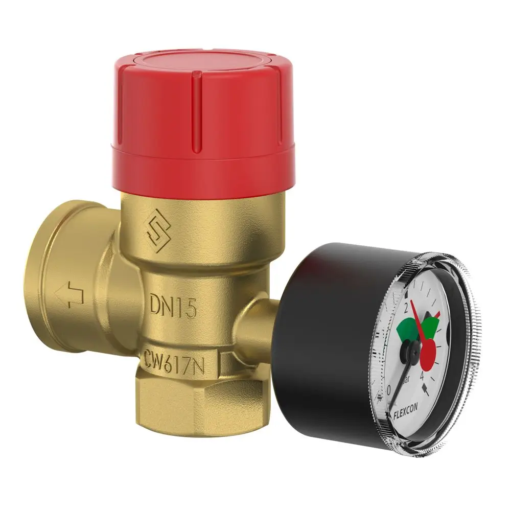Sicherheitsventil mit rotem Deckel und manometer mit schwarzem Ziffernblatt. Das Produkt stammt von Flamco und ist zur Druckregelung in Heizsystemen geeignet.