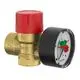 Sicherheitsventil mit rotem Deckel und Manometer, gefertigt von Flamco. Das Manometer zeigt den Druck an, der Ventilblock ist aus Messing.