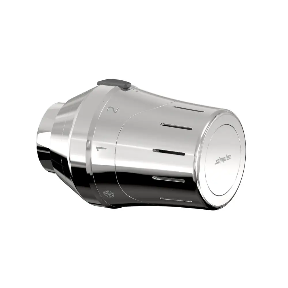 Thermostatkopf in metallischer Optik mit Einstellskala und seitlichem Regler, hergestellt von Flamco, zur Regelung der Heiztemperatur.