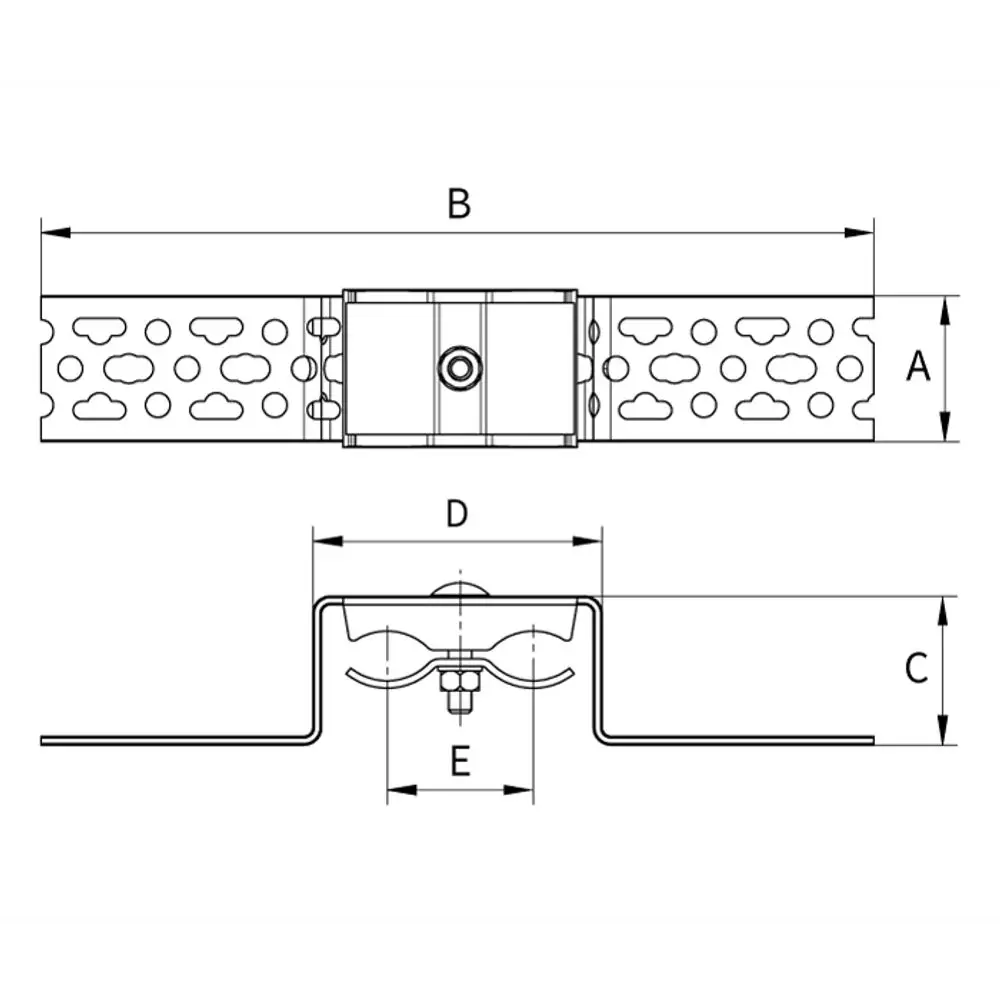 Hochformatige technische Zeichnung eines Verbindungssystems von Flamco mit verschiedenen Maßen und Ansichten, das für den Einsatz in Mauerwerk ausgelegt ist.