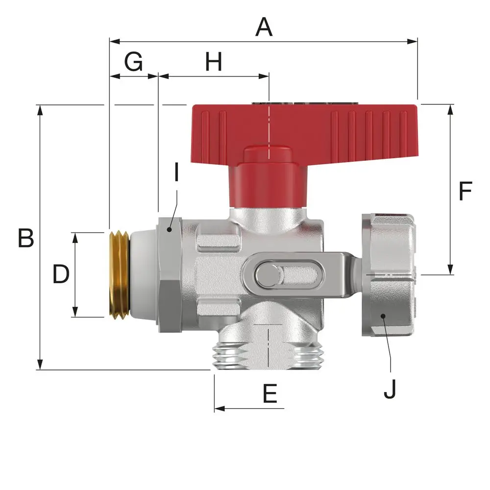 Kugelhahn mit rotem Griff und metallischem Gehäuse, von Flamco, mit Gewindeanschlüssen. Abmessungen und zusätzliche Details sind im Bild vermerkt.