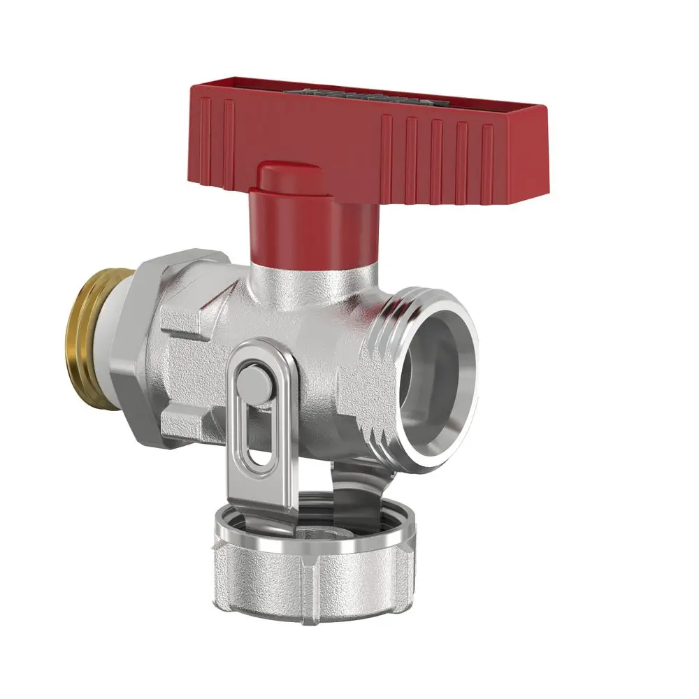 Kugelhahn mit rotem Griff und metallischem Körper, Anschlussgewinde sichtbar. Ideal für Rohrsysteme, hergestellt von Flamco.