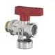 Kugelhahn mit rotem Griff und metallischem Körper, Anschlussgewinde sichtbar. Ideal für Rohrsysteme, hergestellt von Flamco.
