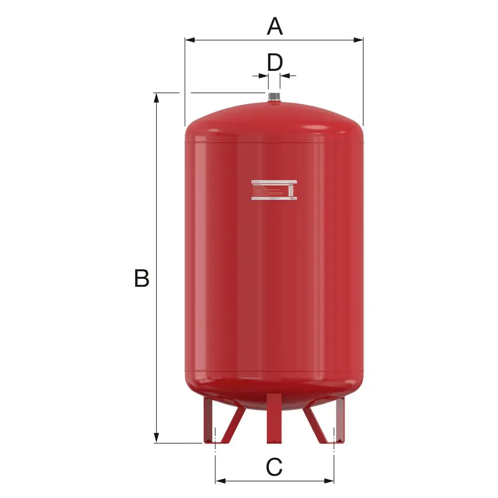 Rotes Ausdehnungsgefäß von Flamco mit gewölbtem Oberteil, Stabilitätsbeinen und Anschlüssen an der Oberseite. Ideal für Heizungs- und Kühlsysteme.