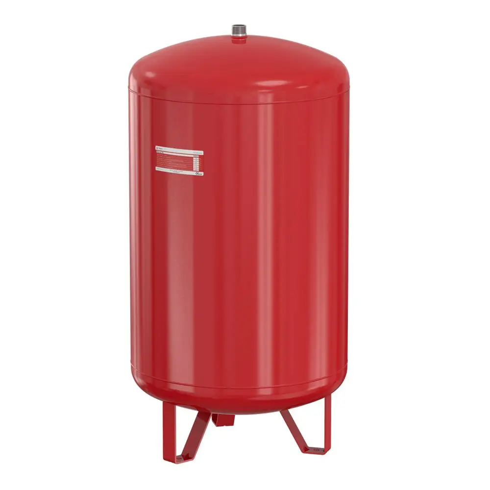 Rotes Ausdehnungsgefäß auf stabilen Füßen, hergestellt von Flamco. Rundes, glattes Design mit oberem Ventil und einer seitlichen Bezeichnung.