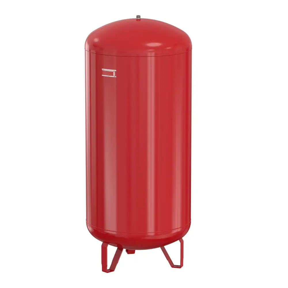 Rotes, zylindrisches Ausdehnungsgefäß von Flamco mit einer glatten Oberfläche und einem runden Deckel, auf stabilen Füßen stehend.