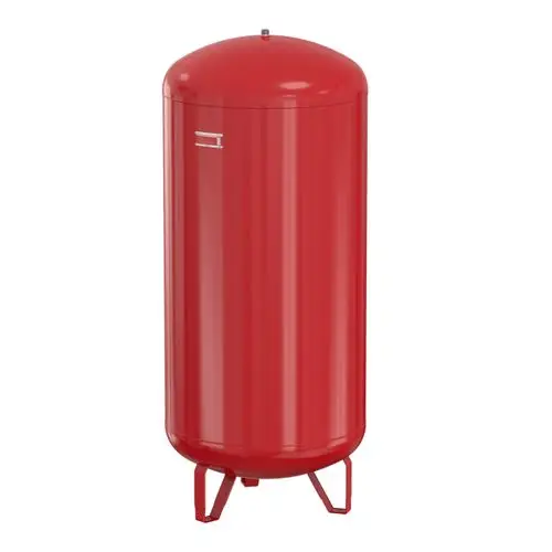 Rotes, zylindrisches Ausdehnungsgefäß von Flamco mit einer glatten Oberfläche und einem runden Deckel, auf stabilen Füßen stehend.