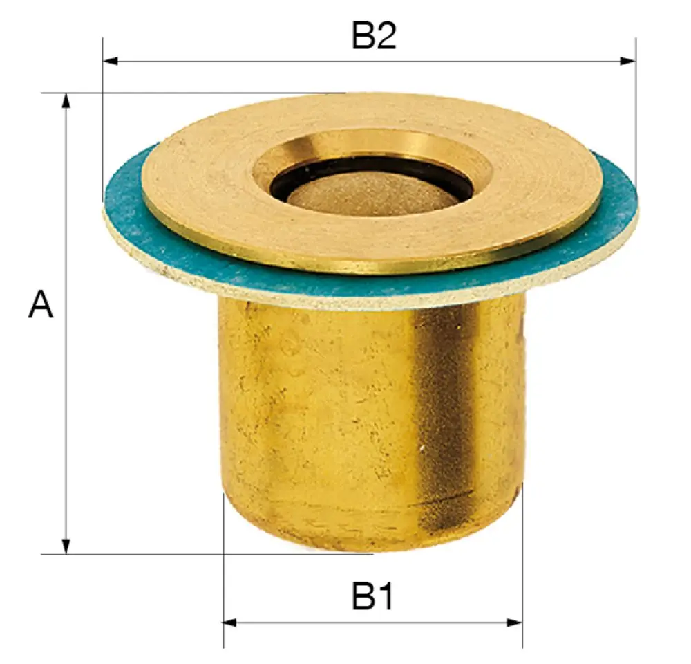 Flamco Produkt mit runder, goldfarbener Metallkonstruktion und grüner Dichtung. Das Teil hat eine kreisförmige Oberseite und ist für den Einbau vorgesehen.