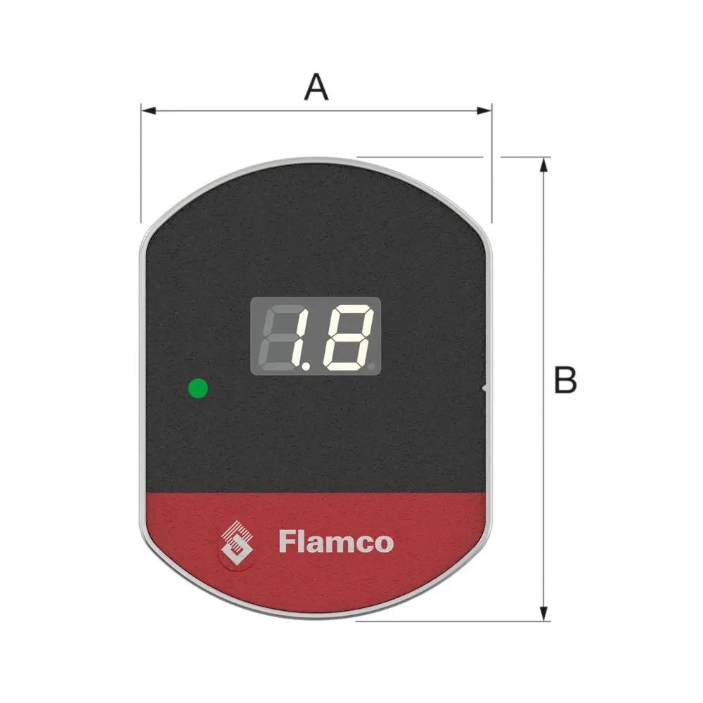 Digitaler Sensor von Flamco zur Drucküberwachung mit einem Display, grüner LED-Anzeige und abgerundeter Form. Maße sind im Bild dargestellt.