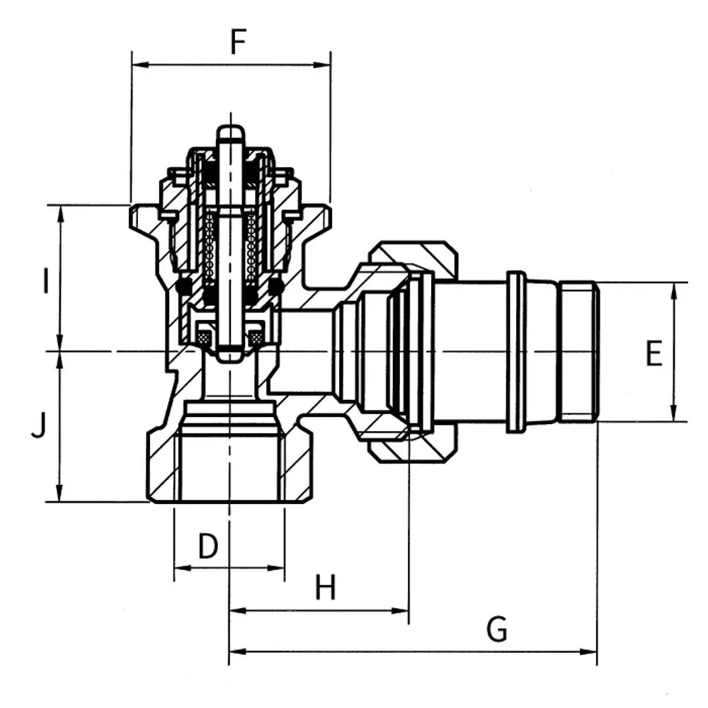 Thermostatventil von Flamco, mit detaillierter Schnittansicht. Es zeigt die verschiedenen Komponenten und Anschlüsse des Ventils.