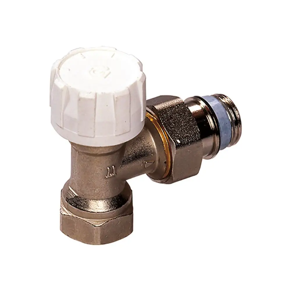 Thermostatventil von Flamco mit weißem Regler und metallischem Anschluss, zur Regelung von Heizungs- oder Kühlwasser in Rohrsystemen.
