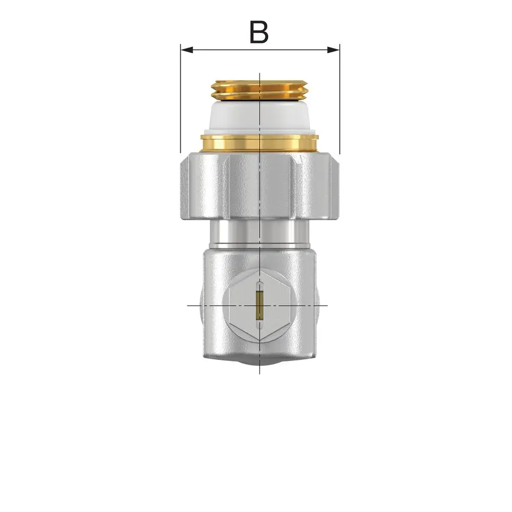 Flamco Kugelhahn in Metalloptik mit gewendeltem Nippel, Anschluss und einer Durchflussregelung, präsentiert in frontalem Blickwinkel.