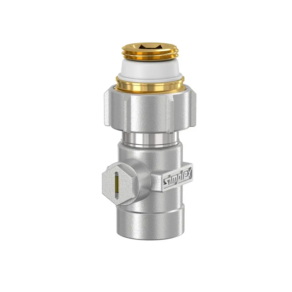 Einzel-Kugelhahn aus Metall mit einer goldenen und silbernen Oberfläche, gekennzeichnet mit der Marke Flamco, für Anschlussmöglichkeiten an Rohrsysteme.