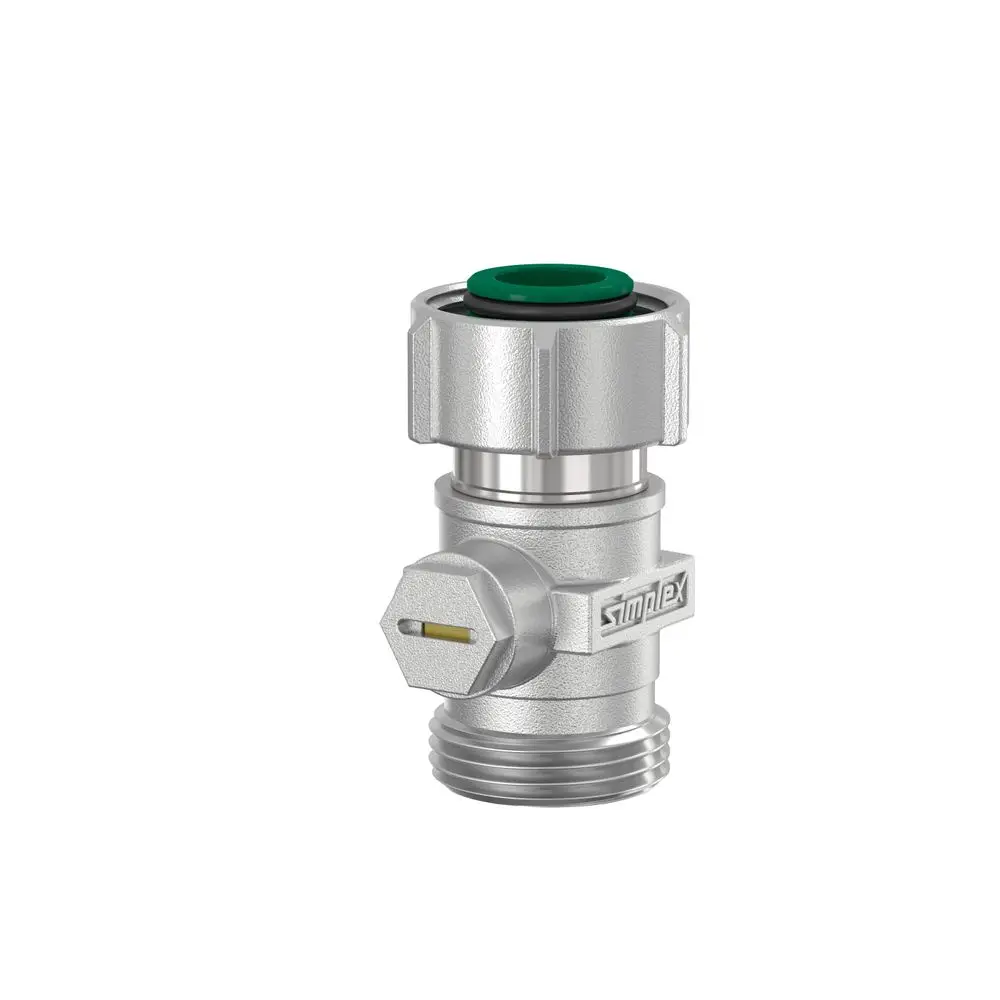 Einzel-Kugelhahn aus Messing mit Konus, vernickelt, ausgestattet mit einem grünen Dichtungsring. Marke: Flamco. Für Anschlüsse G3/4i und G3/4a.