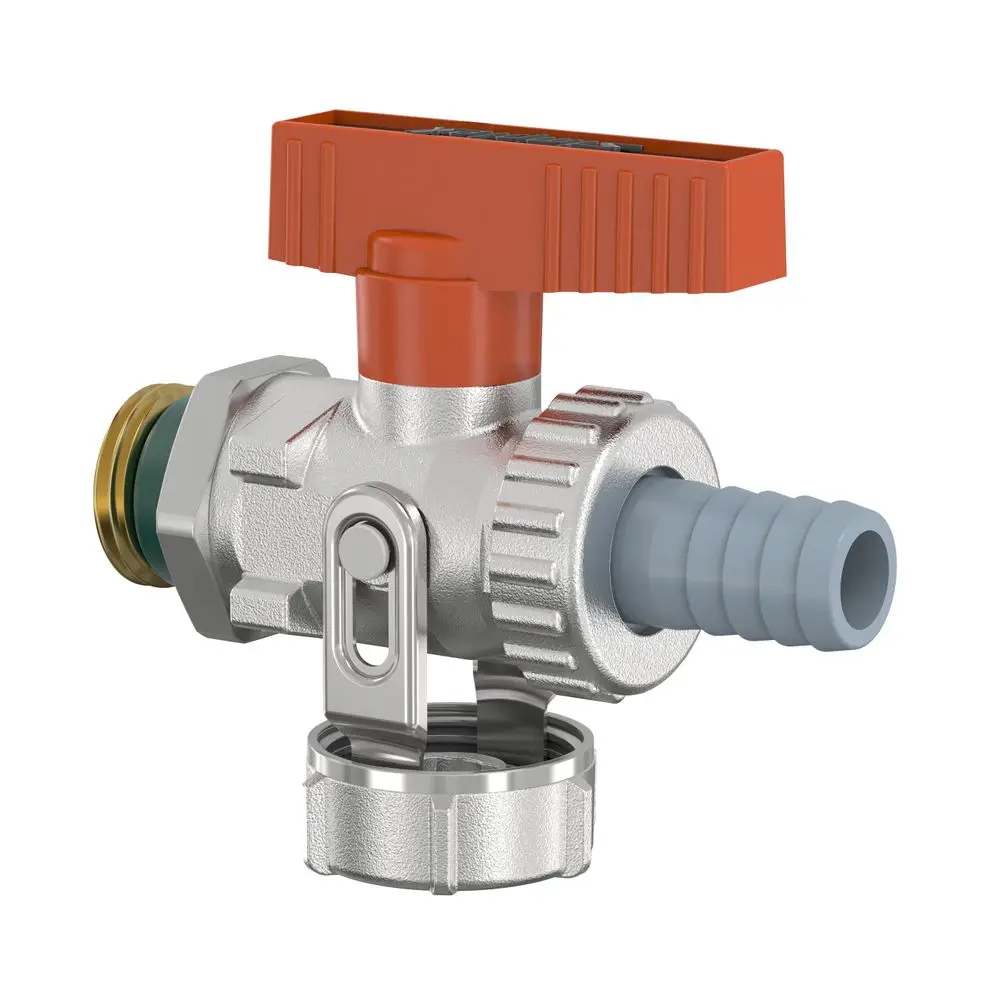 Flamco-Kugelhahn mit rotem Griff für die Regelung des Durchflusses. Aus Metall mit Schlauchanschluss und Sicherheitsmechanismus. Geeignet für Sanitär- und Heizungsanlagen.