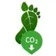 Grünes Symbol eines Fußabdrucks mit Blättern und einem CO2-Symbol, das eine Verringerung der Kohlenstoffemissionen darstellt, hergestellt von Flamco.
