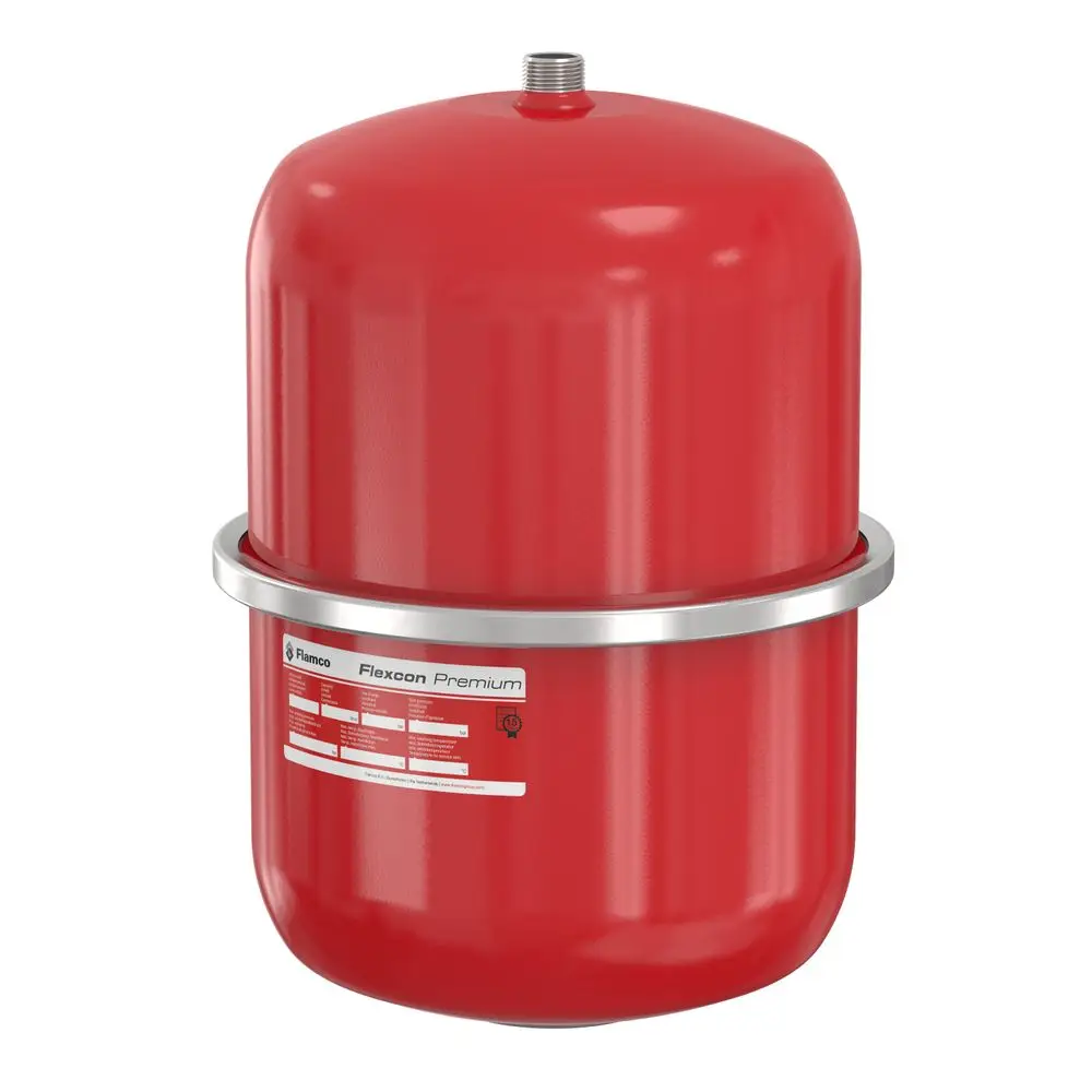 Rotes Ausdehnungsgefäß von Flamco mit zylindrischer Form und einer Metallhalterung, ausgestattet mit einem Anschluss oben.