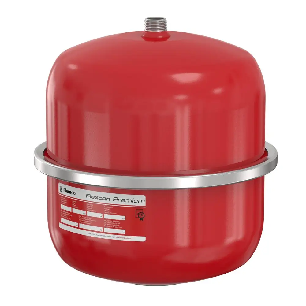 Rotes Ausdehnungsgefäß mit flacher Oberseite und Metallring. Auf dem Etikett sind Produktinformationen der Marke Flamco abgedruckt.