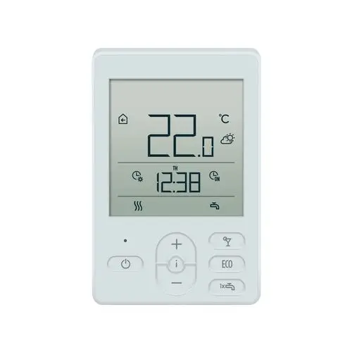 Digitaler Thermostat mit Temperaturanzeige von 22,0 °C und Uhrzeit 12:38, Steuerungstasten unten, minimalistisch weißes Design.