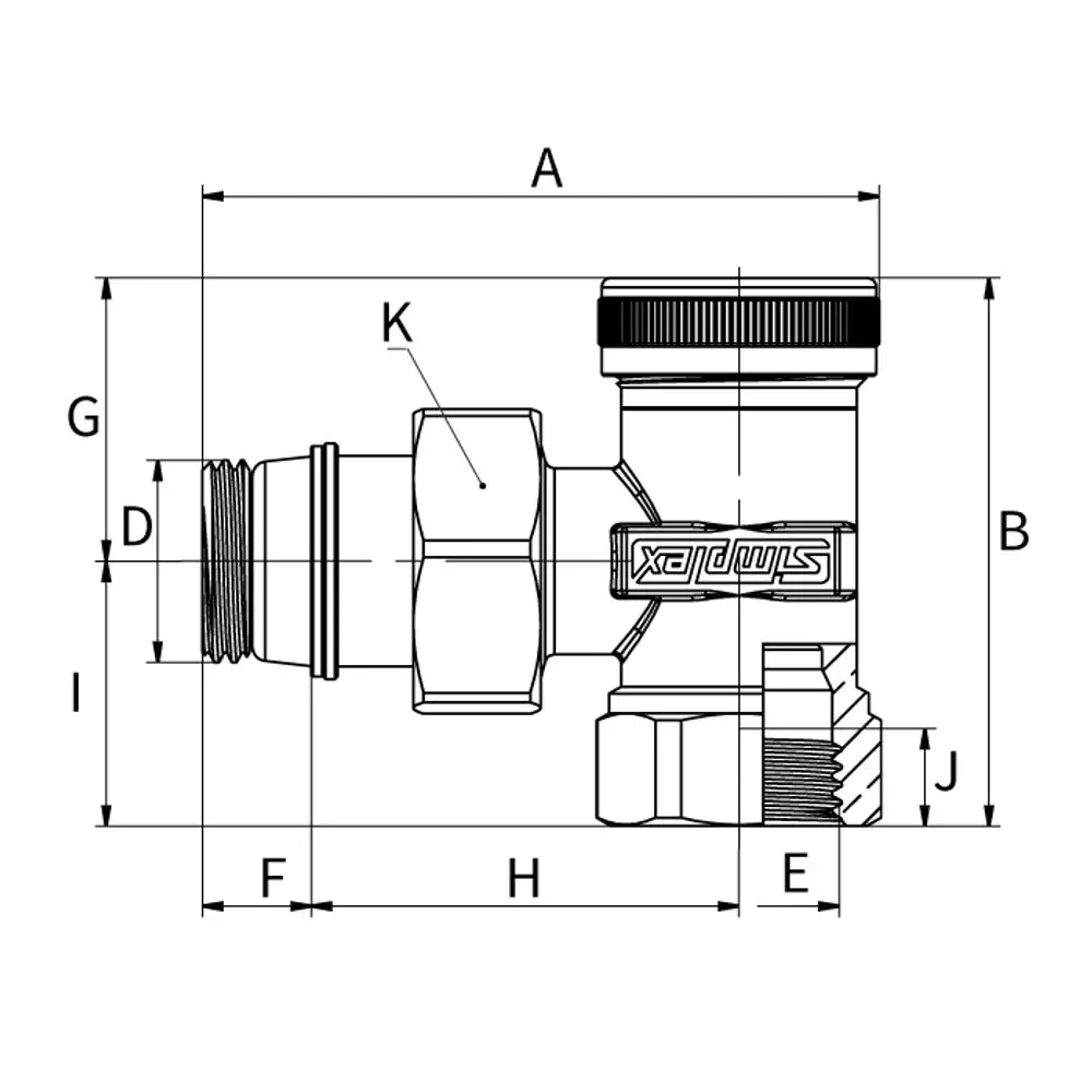 Flamco Rücklaufverschraubung mit Entlüftung, in L-förmiger Bauweise, Anschluss G3/8a und Rp3/8. Technische Zeichnung mit Maßangaben.
