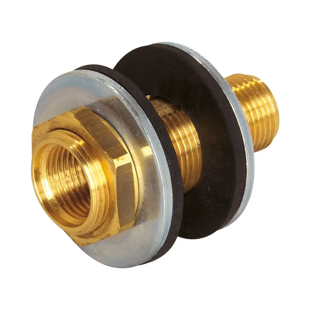Flamco AG-Wandscheibe mit zwei Gewindeanschlüssen und Dichtungen, geeignet für Wandstärken von 5-30 mm, ausgestattet mit Verdrehschutz.