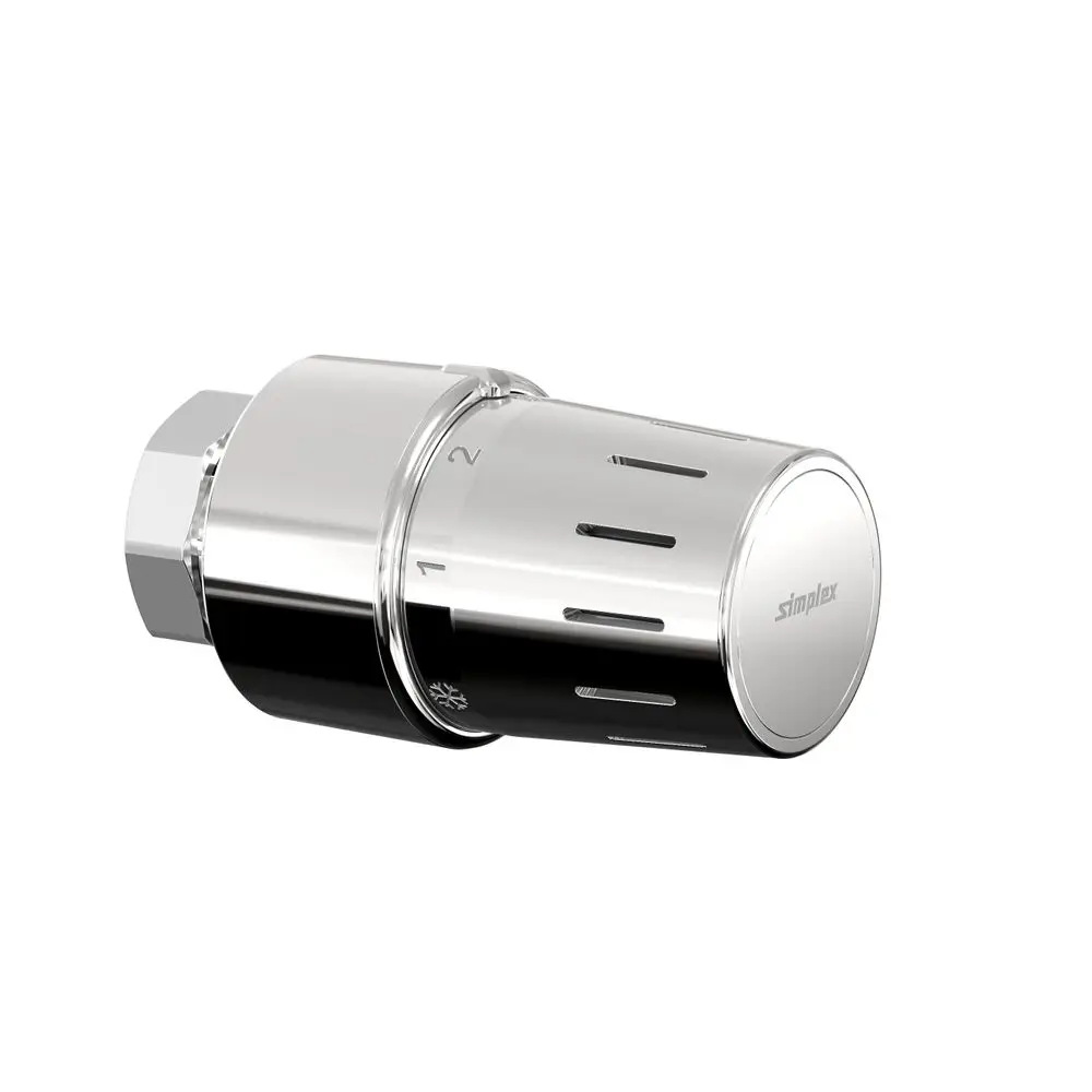 Thermostatkopf in chrom, mit Klemmanschluss und Skala für Temperatureinstellungen. Produkt von Flamco, geeignet für Heizsysteme.