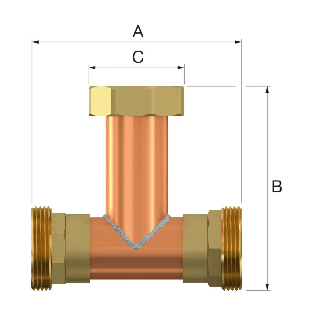T-Stück aus Kupfer und Messing, geeignet für Rohrverbindungen. Markenname: Flamco. Verbindungselement im Rohrleitungsbau. Design für Beistellbehälter.
