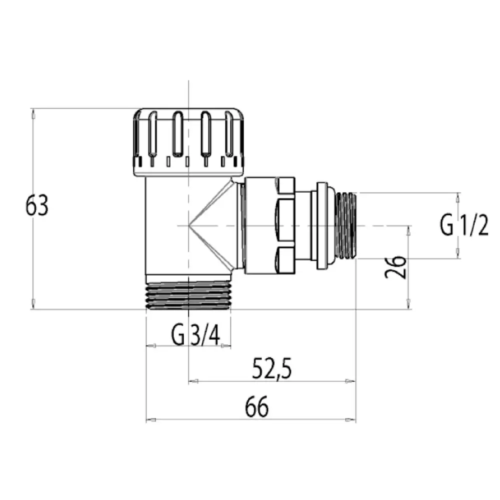 Eckventil mit zwei Anschlüssen, eine Seite G1/2a und eine Seite G3/4a. Produkt von Flamco, aus verchromtem Messing, geeignet für Heizungsinstallationen.