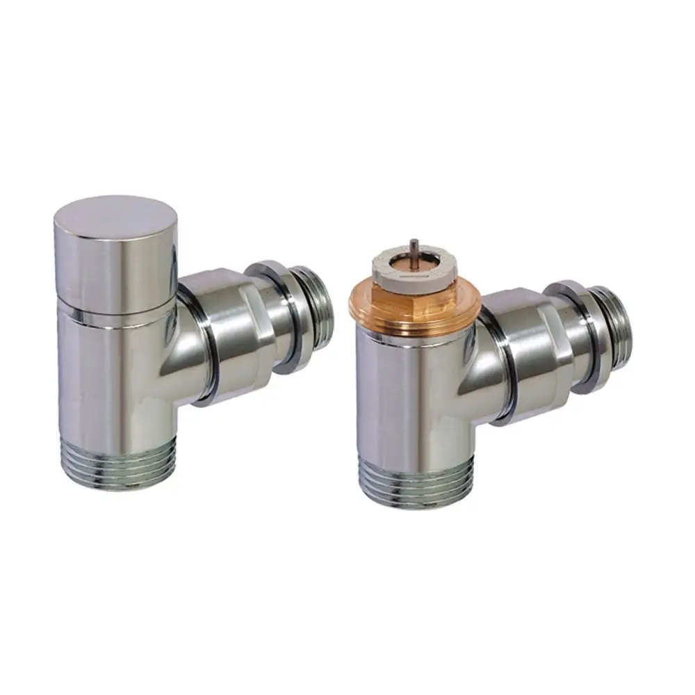 Design-Thermostatventil-Set von Flamco, bestehend aus zwei verchromten Eckventilen mit unterschiedlichen Anschlussgrößen.
