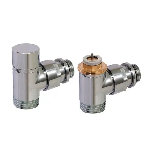 Design-Thermostatventil-Set von Flamco, bestehend aus zwei verchromten Eckventilen mit unterschiedlichen Anschlussgrößen.