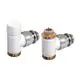 Flamco Design-Thermostat-Ventil-Set in Eckform, mit metallenen Gewinden, für Heizungsanwendungen. Zeigt einen Ventilkörper und eine verchromte Oberfläche.