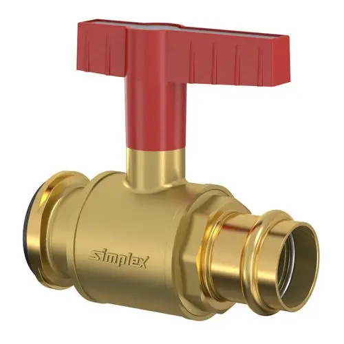 Goldfarbener Kugelhahn mit rotem Flügelgriff, geeignet für Pressverbindungen. Sichtbar ist das Logo der Marke Flamco.