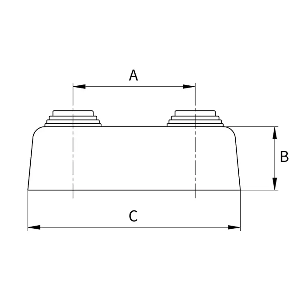 Technische Zeichnung einer Flamco Doppelrosette, hoch, 10-22mm x Achsabstand 45mm, Kunststoff, weiß. Beschriftet mit A, B und C für Abmessungen.
