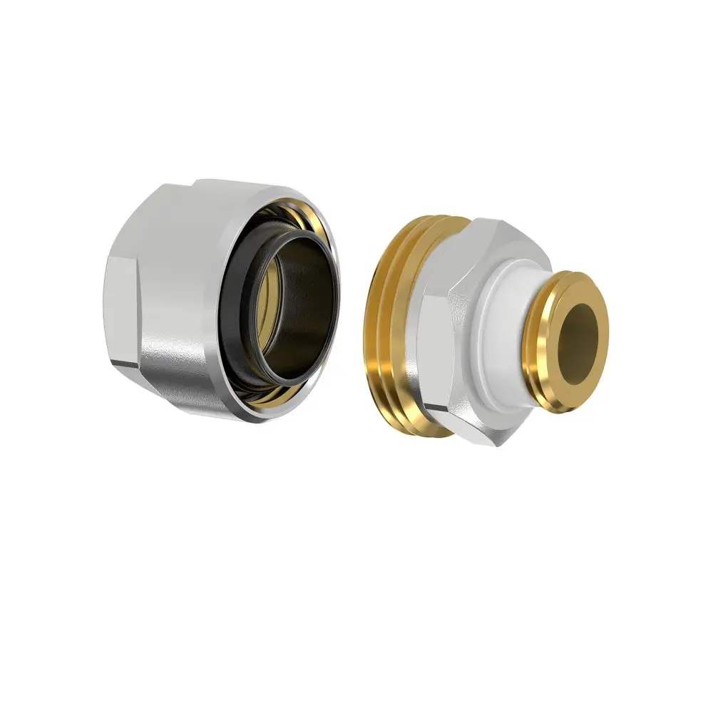 Schwarzrohradapter von Flamco mit einer dichten Einschneidverbindung, für eine sichere Rohrverbindung, sichtbar sind goldene und schwarze Dichtungen.