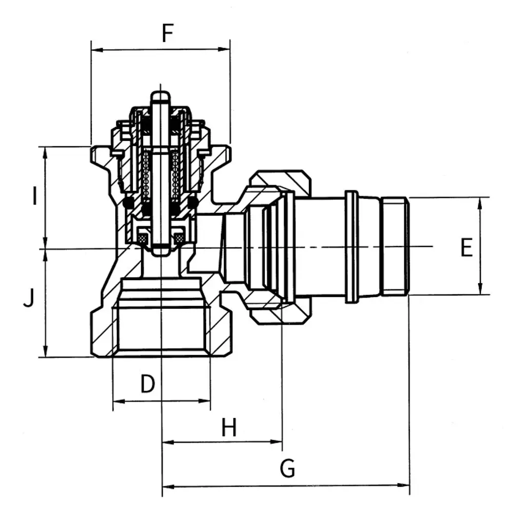Thermostatventil von Flamco in kurzer Eckform, mit verschiedenen Anschlüssen. Abbildung zeigt die Konstruktion und Maße in einer technischen Zeichnung.