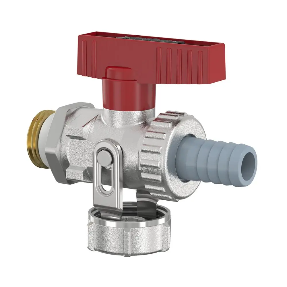 Flamco Wasserabsperrventil mit rotem Handrad und Anschluss für einen Schlauch. Metallgehäuse mit einer Seite für Schlauchverbindung und der anderen für Gewindeanschluss.