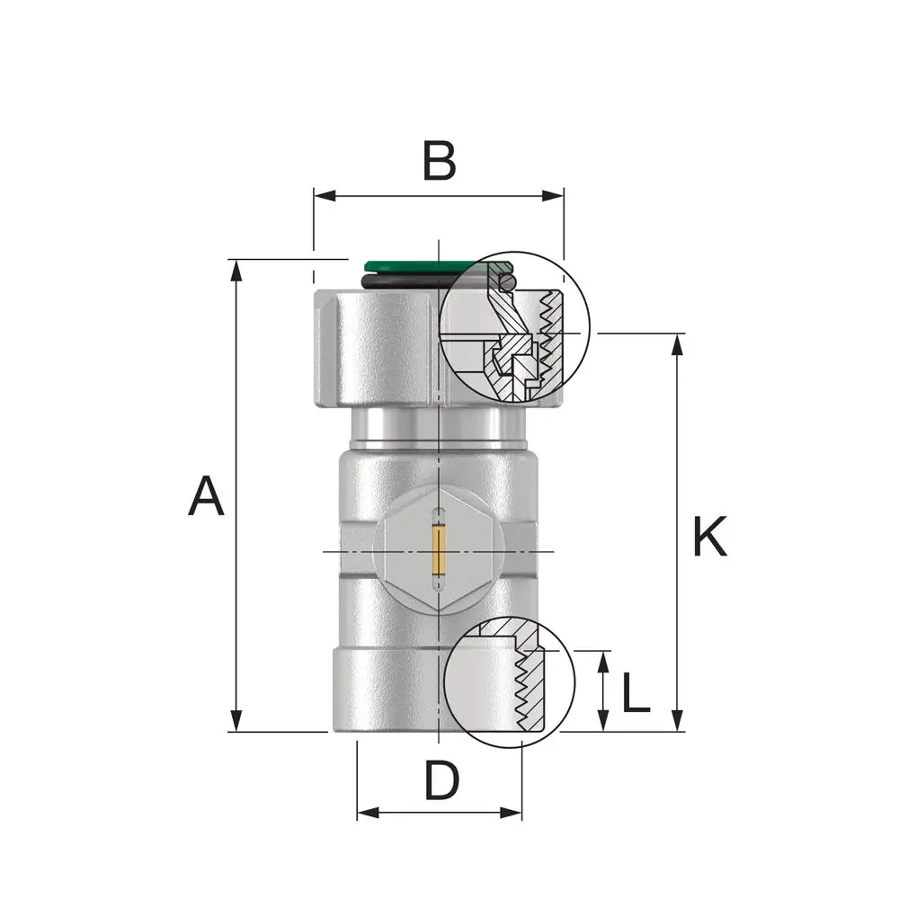 Einzel-Kugelhahn von Flamco mit verschiedenen Anschlussvarianten. Regelungsmechanismus und Maße sind in der technischen Zeichnung dargestellt.