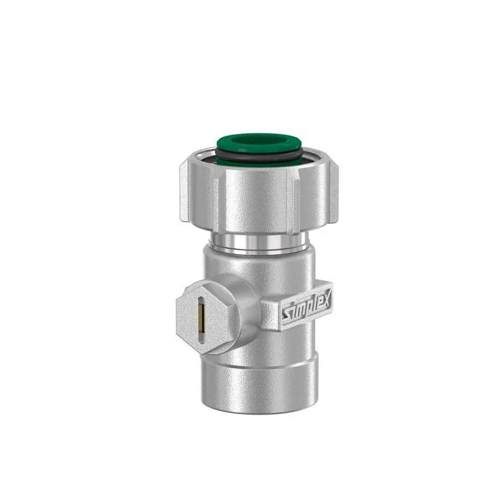 Einzel-Kugelhahn von Flamco in Metalloptik mit einem grünen Dichtungsring und seitlichem Anschluss für Rohrleitungen.
