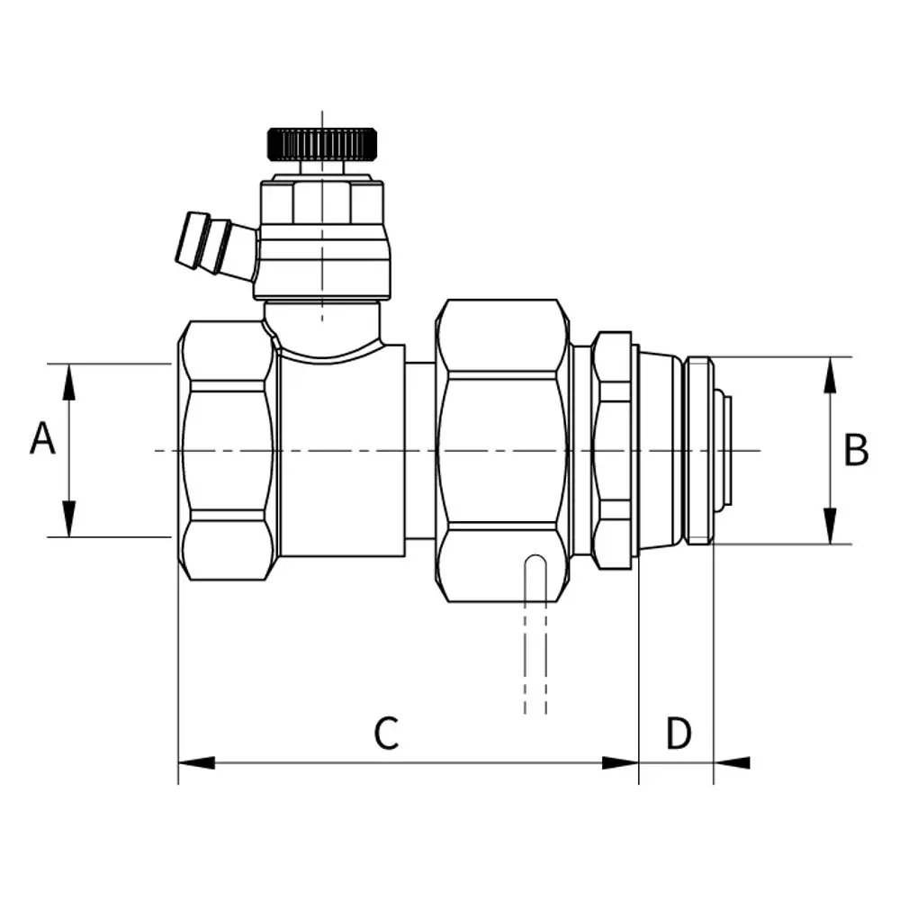 Flamco Ex-Kupplung mit Entleerungsventil, Verbindungsteile und Einstellknopf, zeichnerische Darstellung der Dimensionen A, B, C und D.