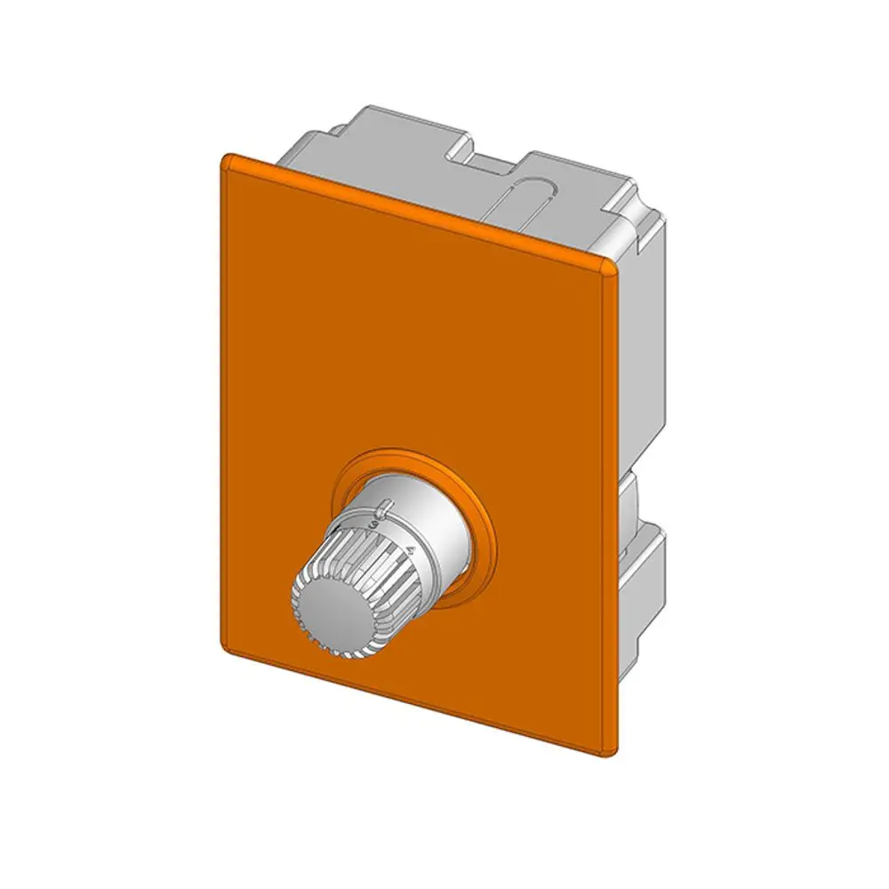 Regelboxabdeckung mit Drehknopf in Orange, hergestellt von Flamco. Sichtbare, plastische Struktur mit Schlitz für Montage.