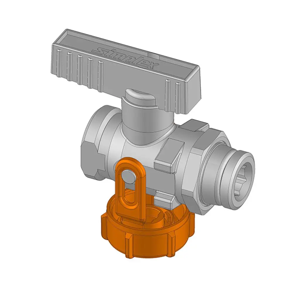 Flamco-Ventil mit einem grauen Gehäuse und einem orangefarbenen Bügel. Der Hebel ist oben angebracht, um die Durchflusskontrolle zu ermöglichen.