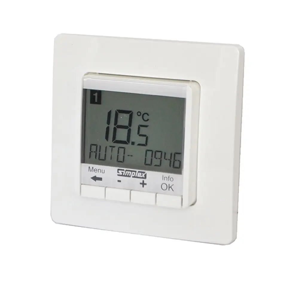 Digitaler Raumthermostat von Flamco mit LCD-Display, zeigt die Temperatur in Grad Celsius an. Bedienelemente für Menü, Einstellungen und Informationen vorhanden.