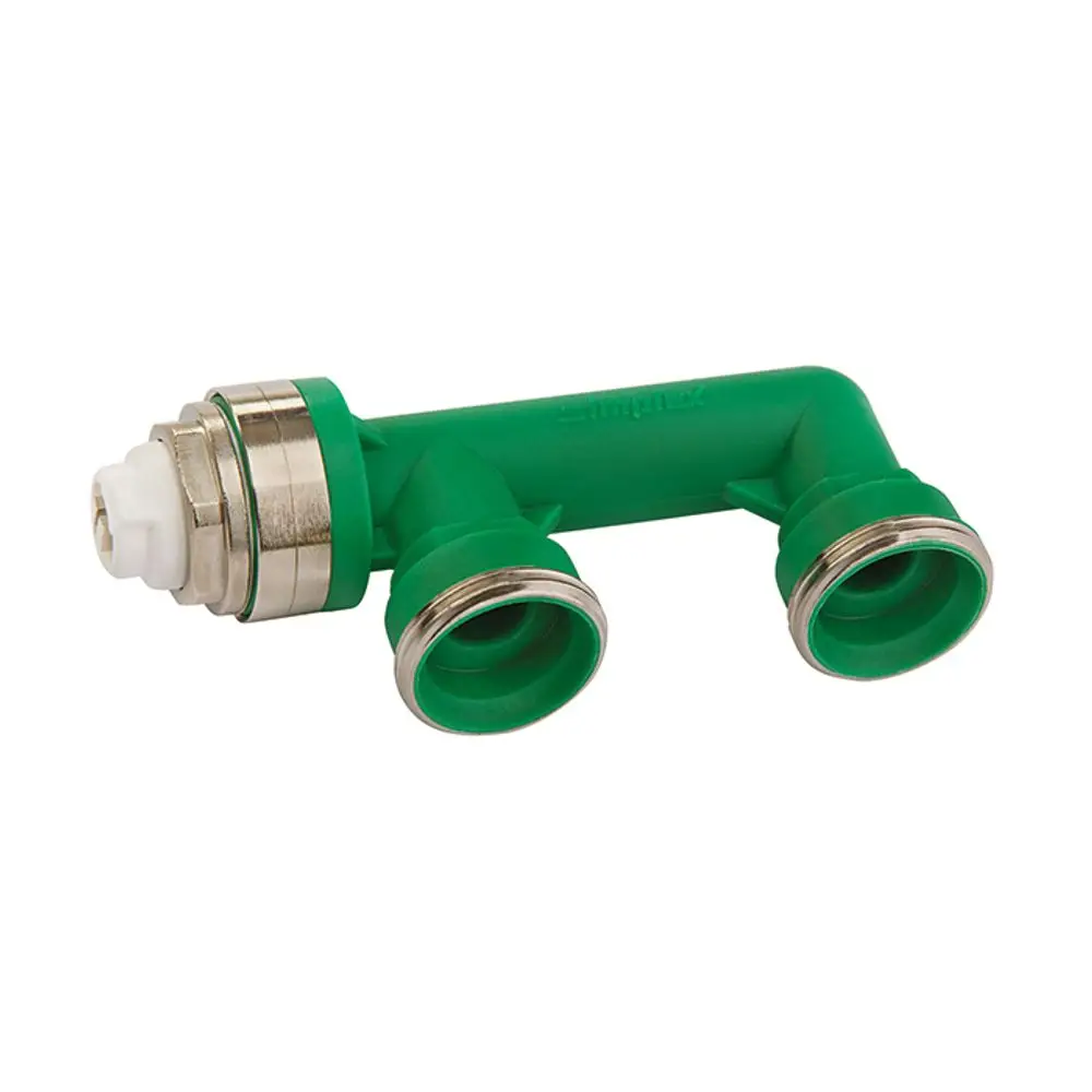 Grüner Kunststoffadapter mit zwei Anschlüssen und einem Luftstopfen, typischerweise verwendet in Heizungs- oder Sanitärsystemen, hergestellt von Flamco.