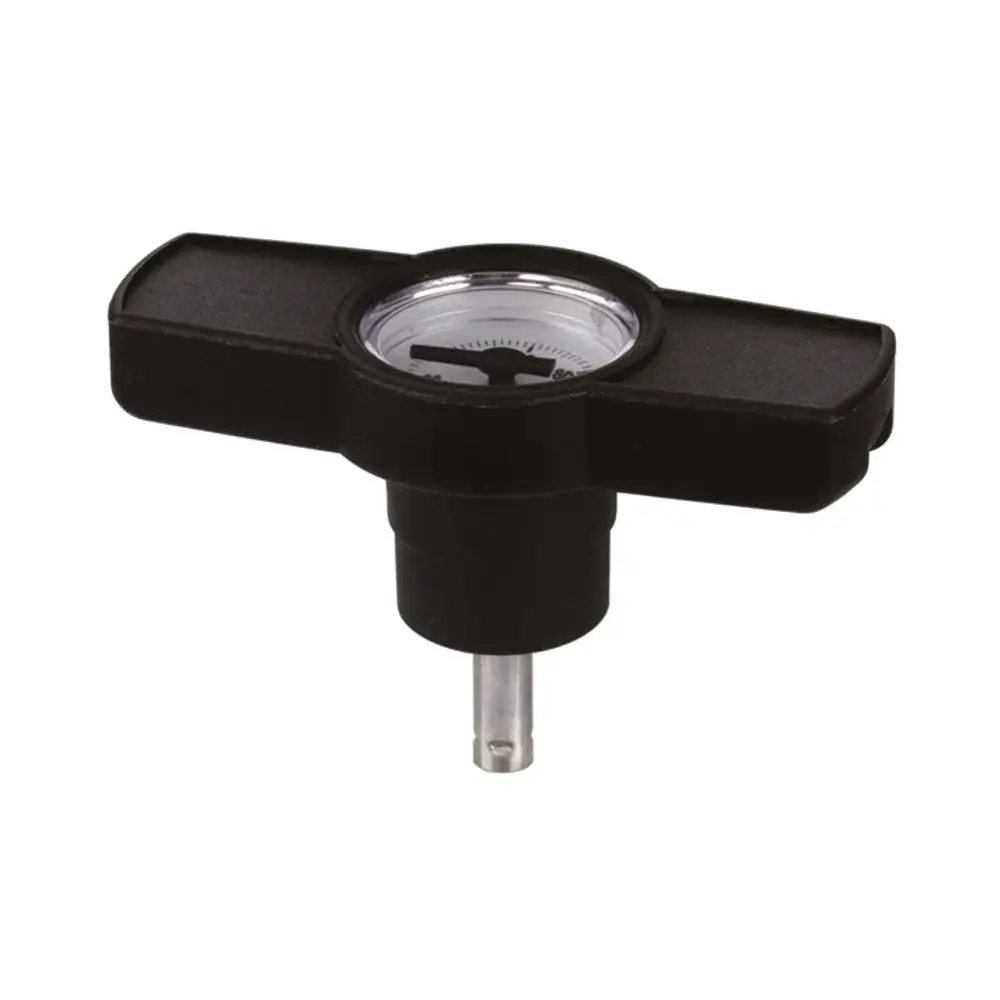 Knebelgriff aus Kunststoff und Metall mit integriertem Thermometer, hergestellt von Flamco. Der Griff hat eine schwarze Oberfläche und eine zentrale Anzeige.