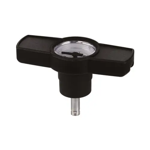 Schwarzer Kunststoffgriff mit integriertem Manometer zur Anzeige des Drucks, passend für Kugelabsperrventile.