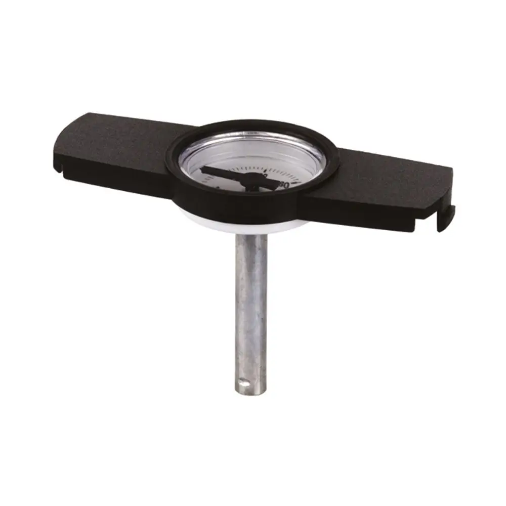 Flamco Thermometer-Nachrüstset in schwarz aus Kunststoff. Es zeigt die Temperatur auf einer analogen Skala an und hat eine metallene Montageaufnahme.