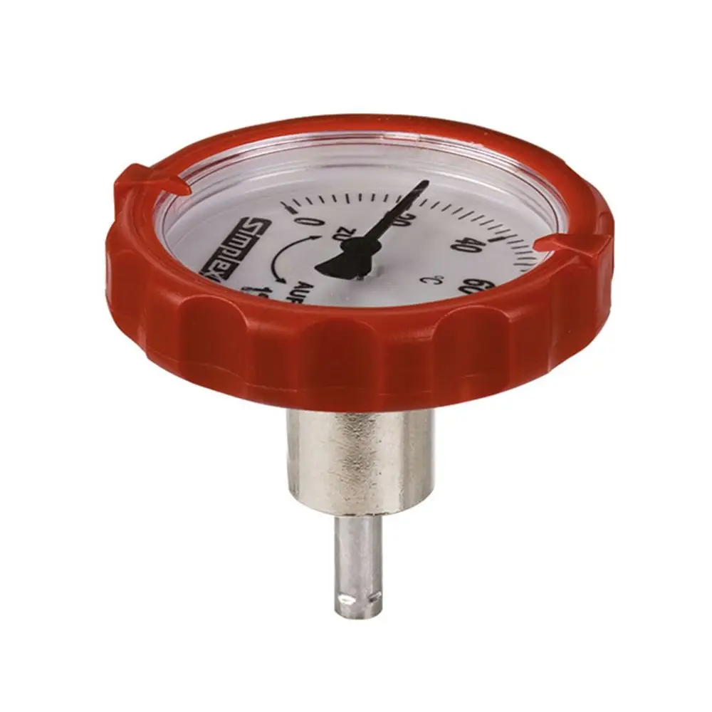 Thermometer mit rotem Griff und Zifferblatt zur Temperaturmessung, gefertigt von Flamco. Einfache Ablesbarkeit auf der Skala.