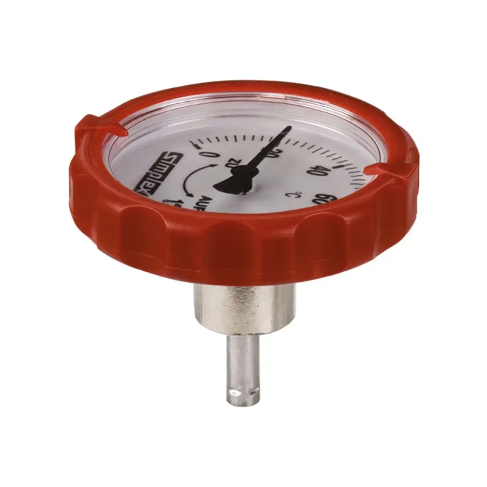 Thermometer mit rotem Griff und Analoganzeige, hergestellt von Flamco, zur Messung von Temperaturen in technischen Anwendungen.